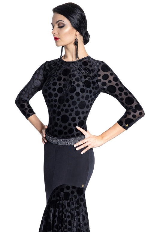 Chrisanne Clover B01 Black Velvet Polka Dot Bodysuit with 3/4 Length Sleeves and Pleated Front Collar PRA 929 in Stock
