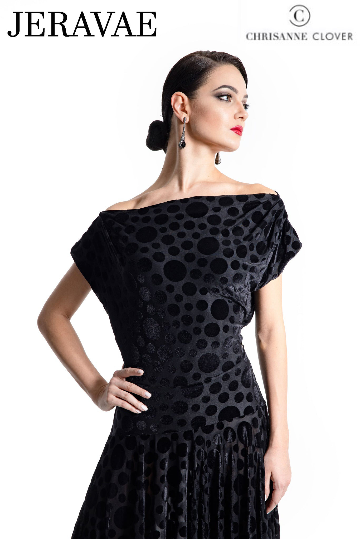 Velvet polka dots and boat neck on ballroom dance dress