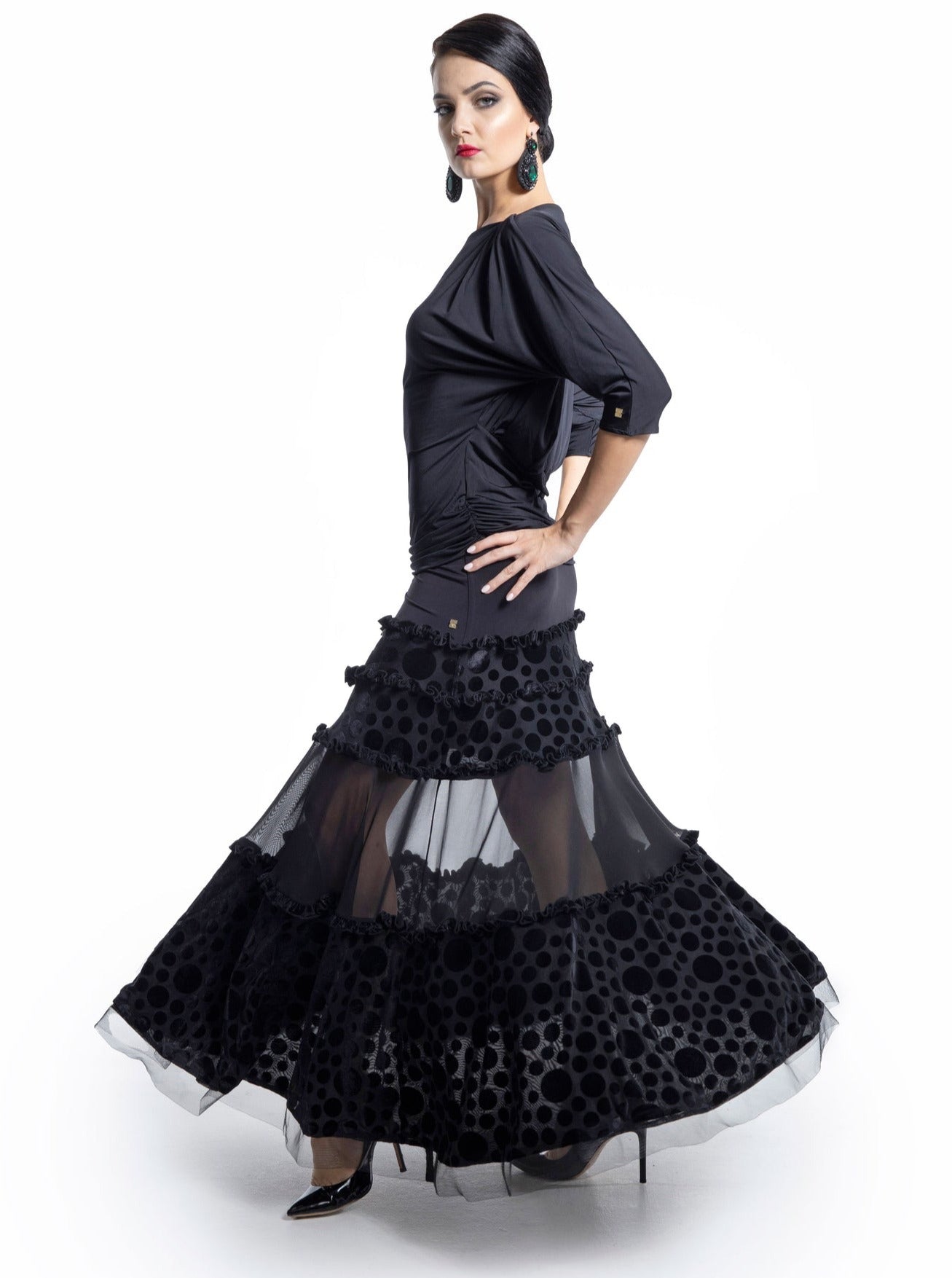 Polka Dot and Mesh Ruffle Layered Black Ballroom Practice Skirt with Horsehair Hem