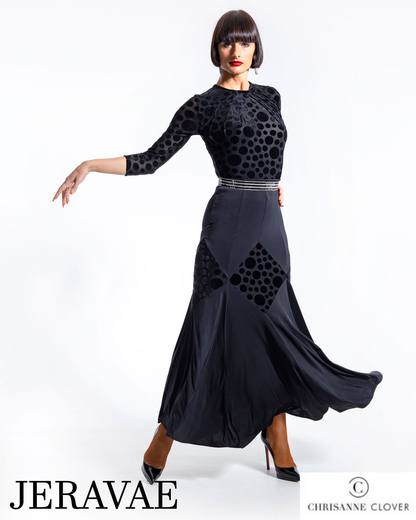 Chrisanne Clover LSK02 Long Black Ballroom Practice Skirt with Velvet Polka Dot Rhombus Pattern PRA 931 in Stock