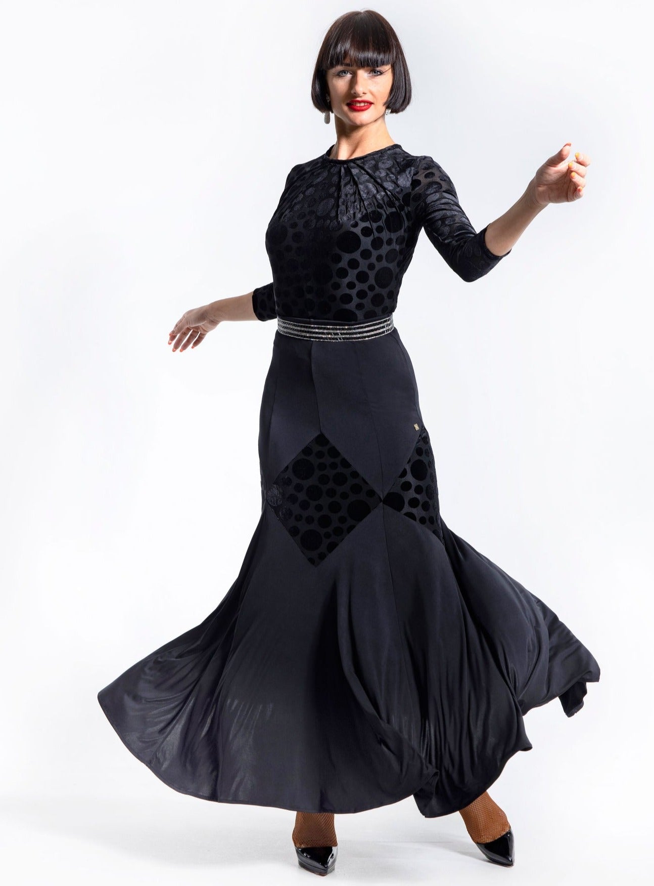 Long Black Ballroom Practice Skirt with Velvet Polka Dot Rhombus Pattern