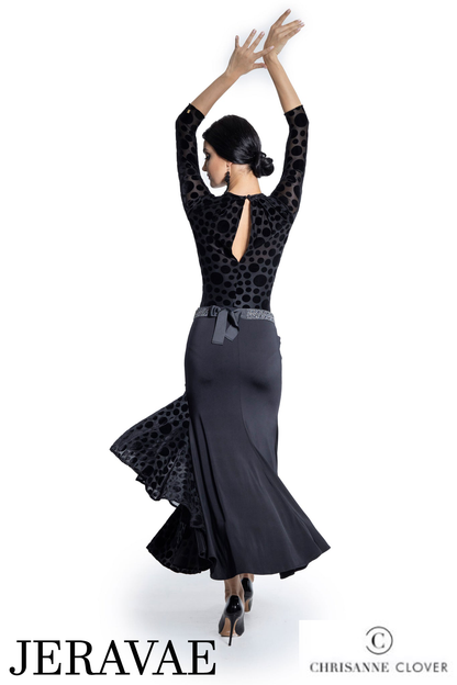 Chrisanne Clover LSK03 Long Black Ballroom Practice Skirt with Velvet Polka Dot Asymmetric Ruffles at Side PRA 930 in Stock