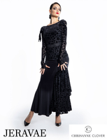 Chrisanne Clover LSK03 Long Black Ballroom Practice Skirt with Velvet Polka Dot Asymmetric Ruffles at Side Pra930 in Stock