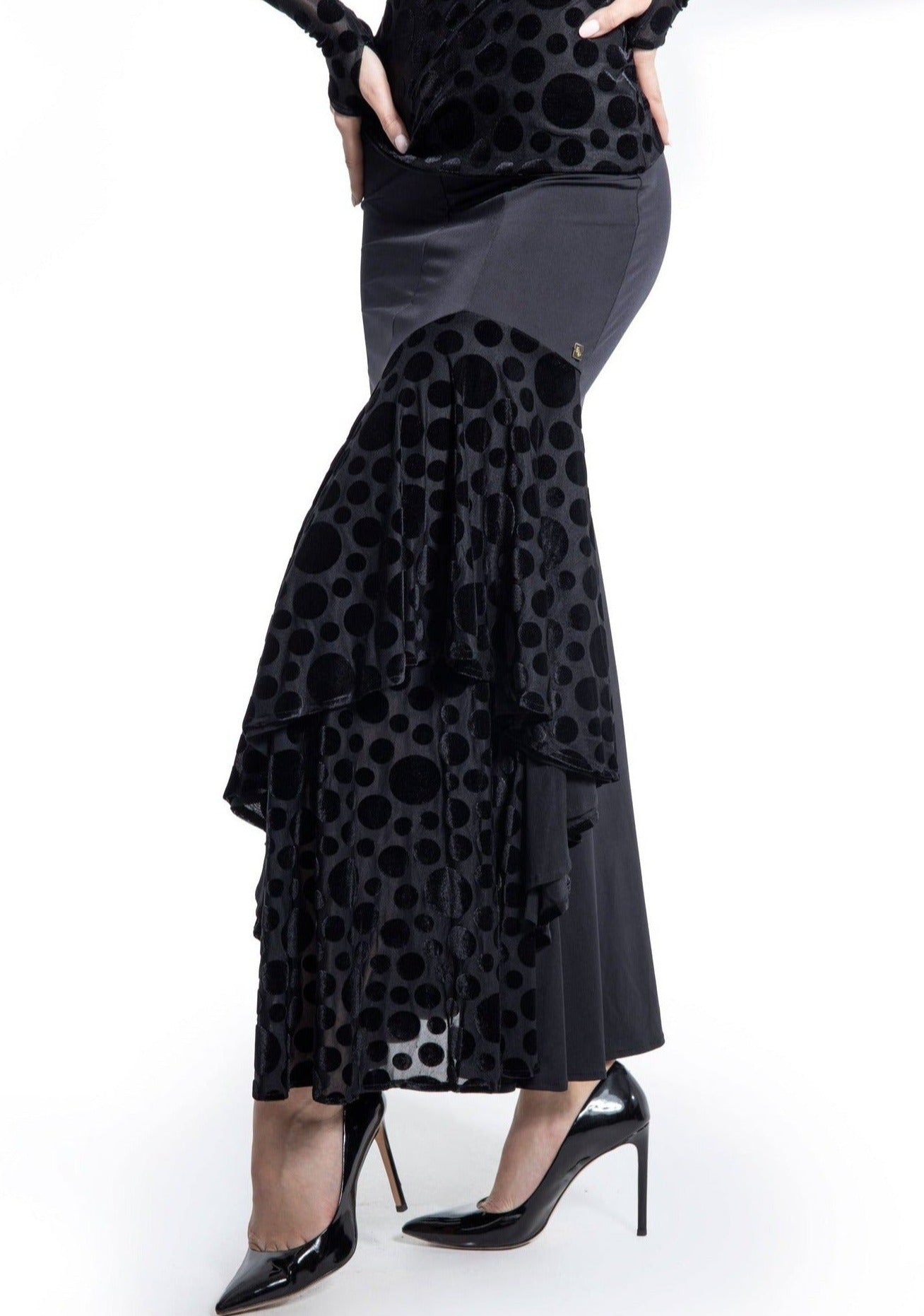 Long Black Ballroom Practice Skirt with Velvet Polka Dot Asymmetric Ruffles at Side
