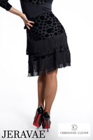 Chrisanne Clover SSK01 Black Velvet Polka Dot Latin Practice Skirt with Layers of Fringe, Wrap Cover, and Tying Bow Pra927 in Stock
