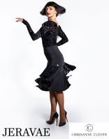 Chrisanne Clover SSK02 Black Latin Practice Skirt with Two Layers of Velvet Polka Dot Ruffles and Slit at Center Front and Back Pra932 in Stock