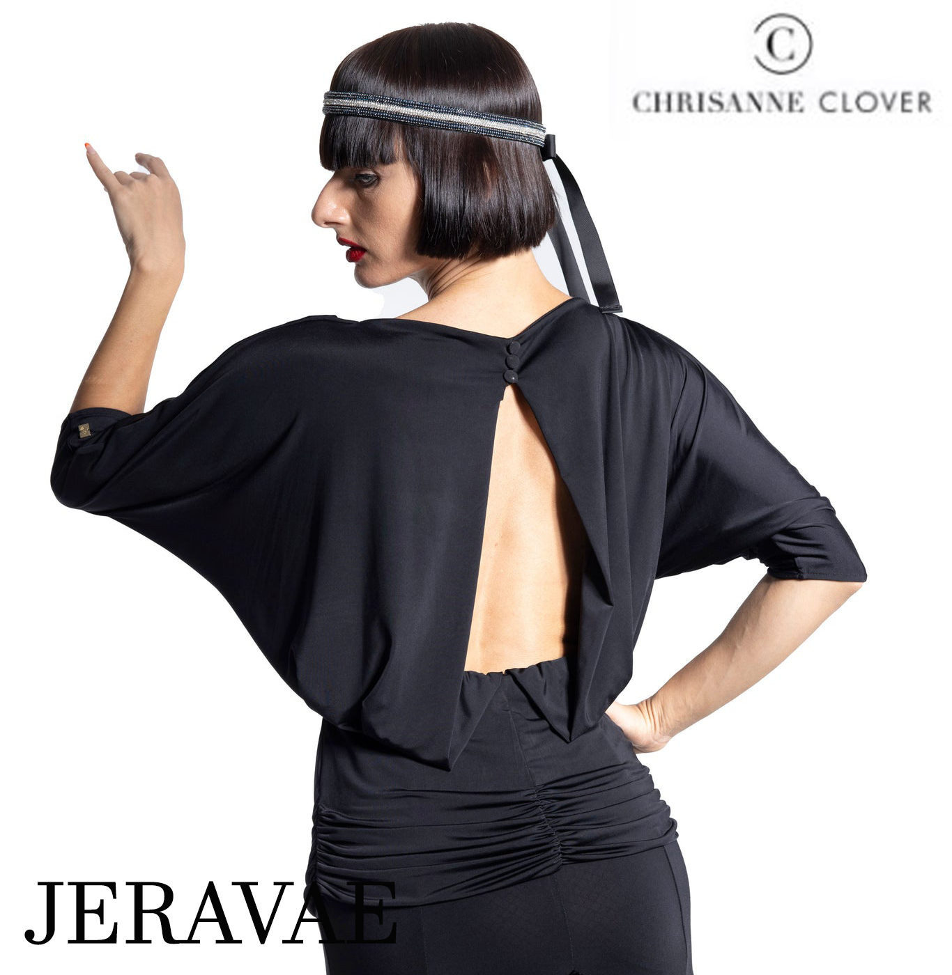 Chrisanne Clover T03 Loose Fitting Black Practice Top with Dolman Sleeves, Rouched Bottom, and Open Back PRA 926 in Stock