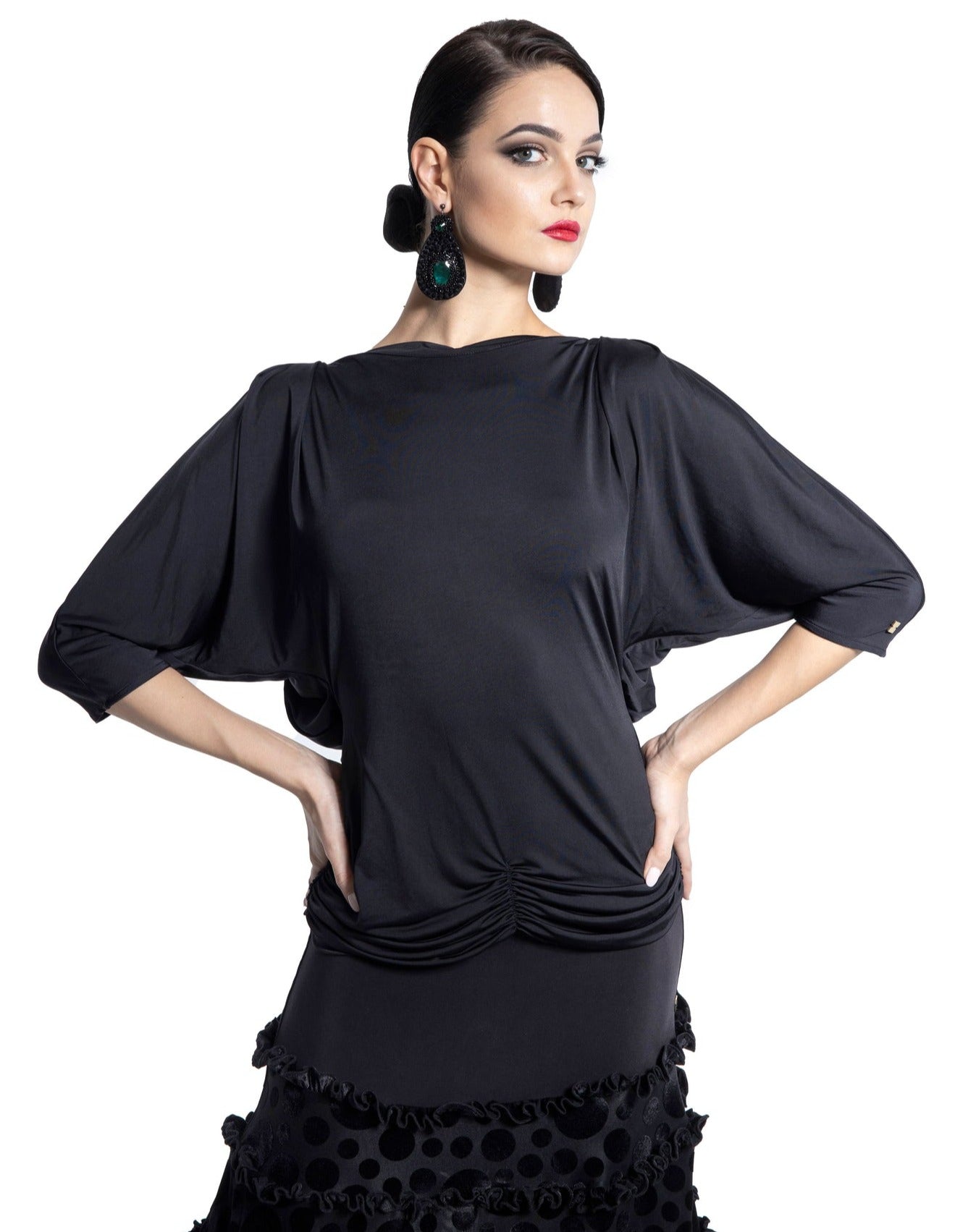 Loose Fitting Black Practice Top with Dolman Sleeves, Rouched Bottom, and Open Back