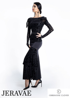 Chrisanne Clover LSK03 Long Black Ballroom Practice Skirt with Velvet Polka Dot Asymmetric Ruffles at Side Pra930 in Stock