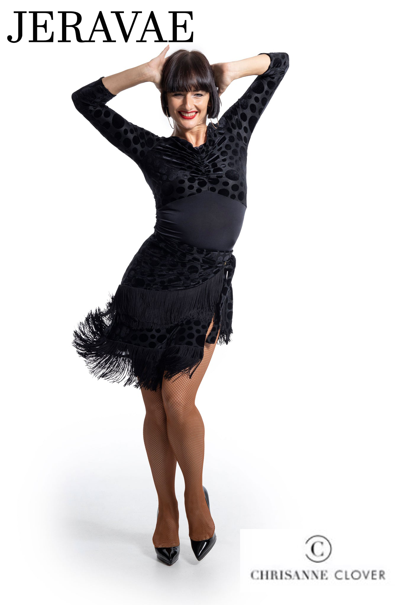 Chrisanne Clover SSK01 Black Velvet Polka Dot Latin Practice Skirt with Layers of Fringe, Wrap Cover, and Tying Bow PRA 927 in Stock