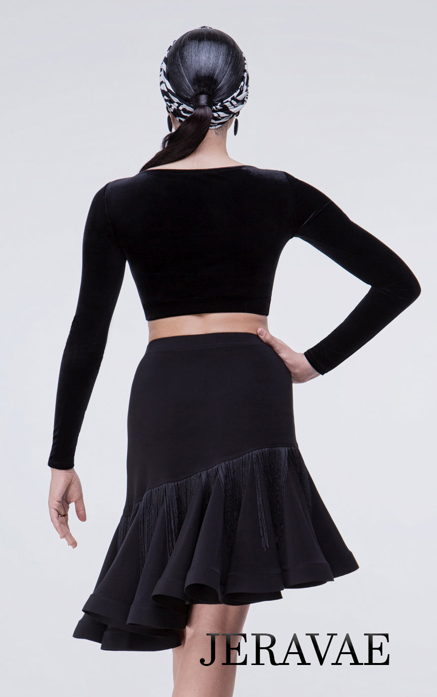 Full Latin Practice Skirt with Wrapped Horsehair Hem, Rouched Front. and Fringe Trim at Skirt PRA 634