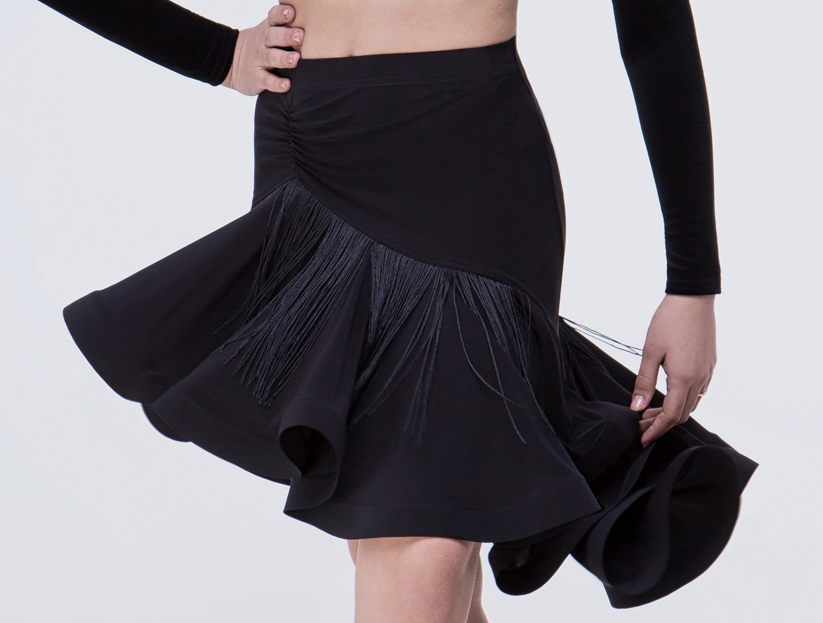 Full Latin Practice Skirt with Wrapped Horsehair Hem, Rouched Front, and Fringe Trim at Skirt PRA 634