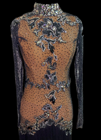Resale Artistry in Motion Black Fishnet Latin Dress with Tan Bodysuit, Black Lace Appliqué, High Collar, Swarovski Stones, Long Sleeves, Fringe Skirt, and Keyhole Back Sz S Lat172