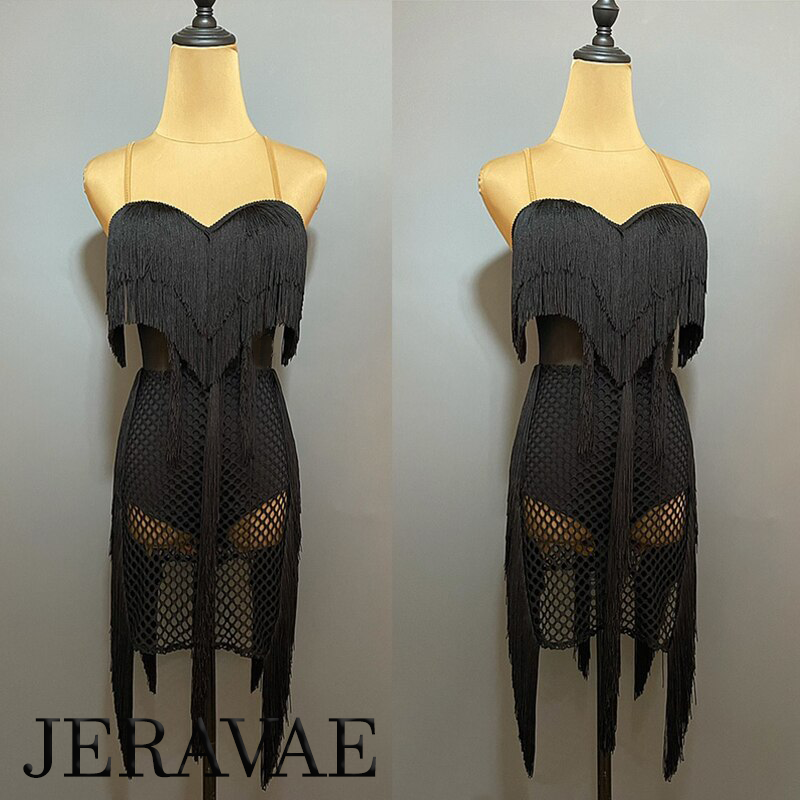 Sleeveless Black Mesh, Fishnet, and Fringe Latin Practice Dress with Attached Bodysuit and Open Back PRA 887_sale