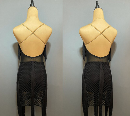 Sleeveless Black Mesh, Fishnet, and Fringe Latin Practice Dress with Attached Bodysuit and Open Back PRA 887 in Stock