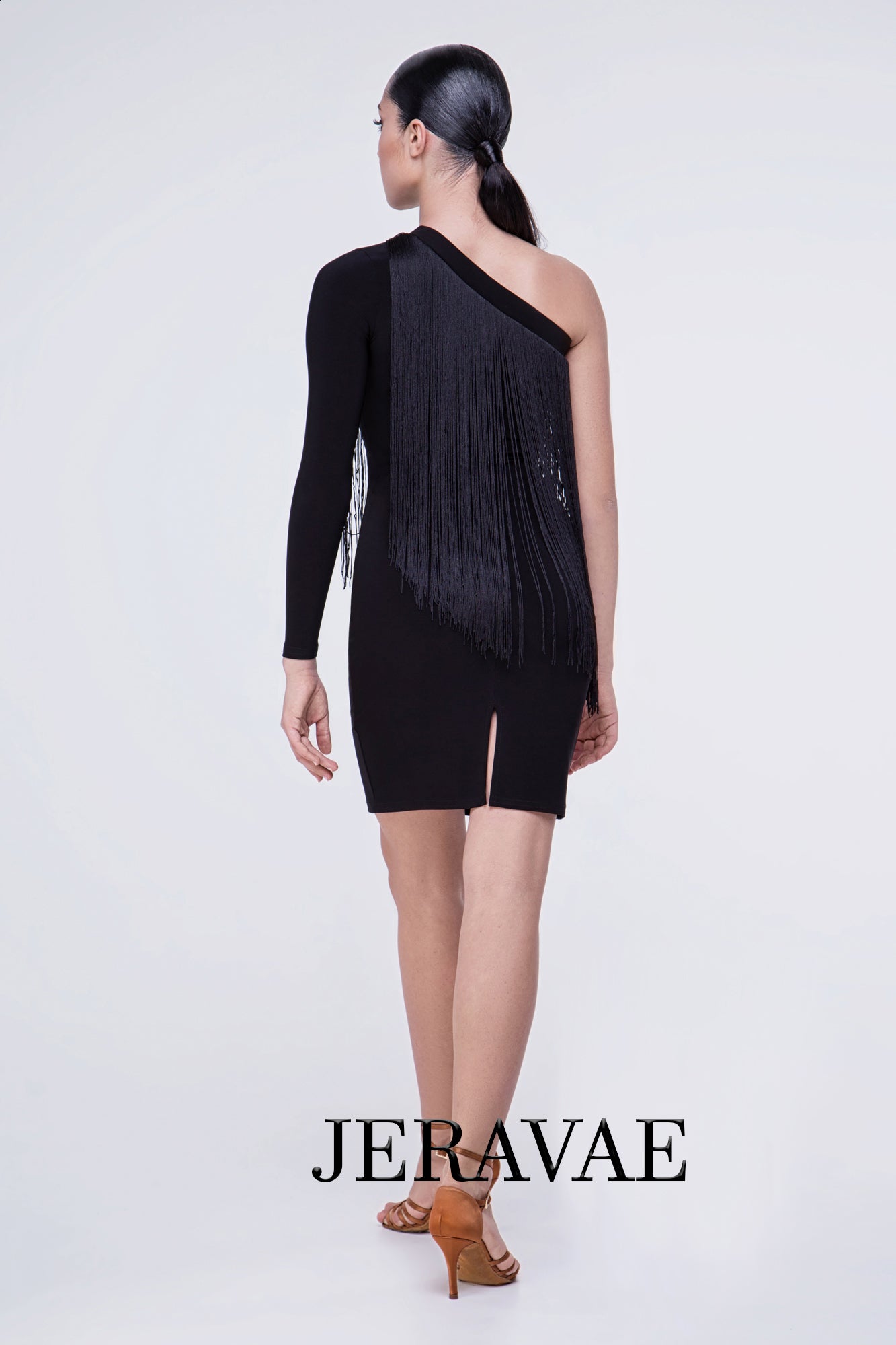 black practice dress with long fringe at top seam
