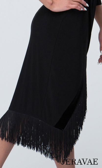 Black Practice Dress with Fringe Hem, Long Sleeves, and Velvet Accent Detail Pra301