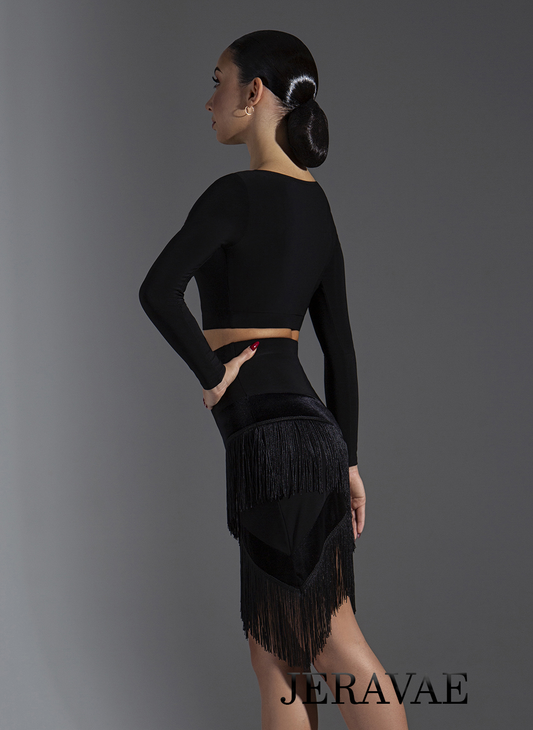 Women's black long sleeve crop top and fringe skirt