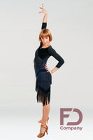 Short Black Latin Practice Skirt And Matching Fringe Practice Top with Velvet Accents and Long Sleeves. Available in Sizes 38-50 Pra439