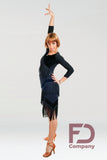 Short Black Latin Practice Skirt And Matching Fringe Practice Top with Velvet Accents and Long Sleeves. Available in Sizes 38-50 Pra439