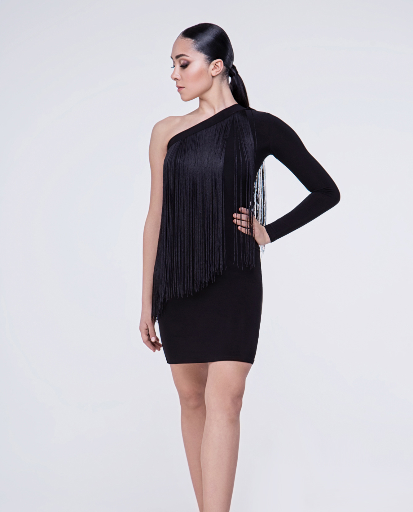 Black Latin or Rhythm Practice Dress with One Sleeve and Long Fringe Starting at Top Seam PRA 366
