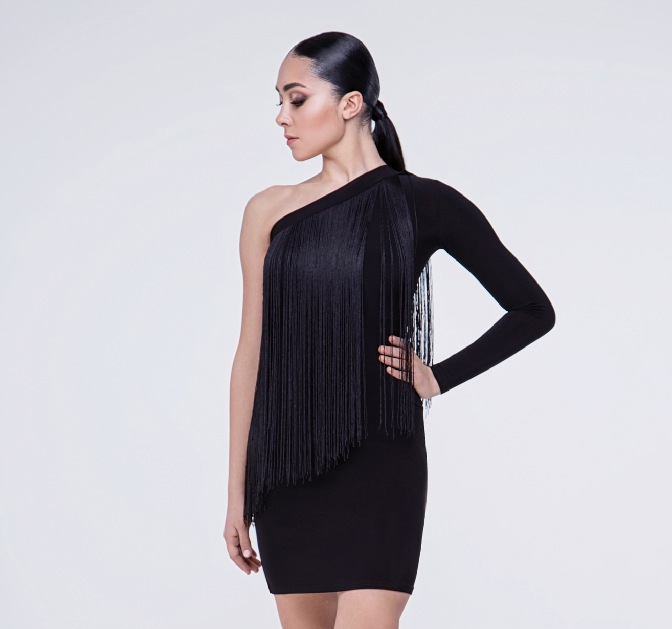 Black Latin Dress with Long Fringe Starting at Top Seam and One Long Sleeve PRA 366_sale
