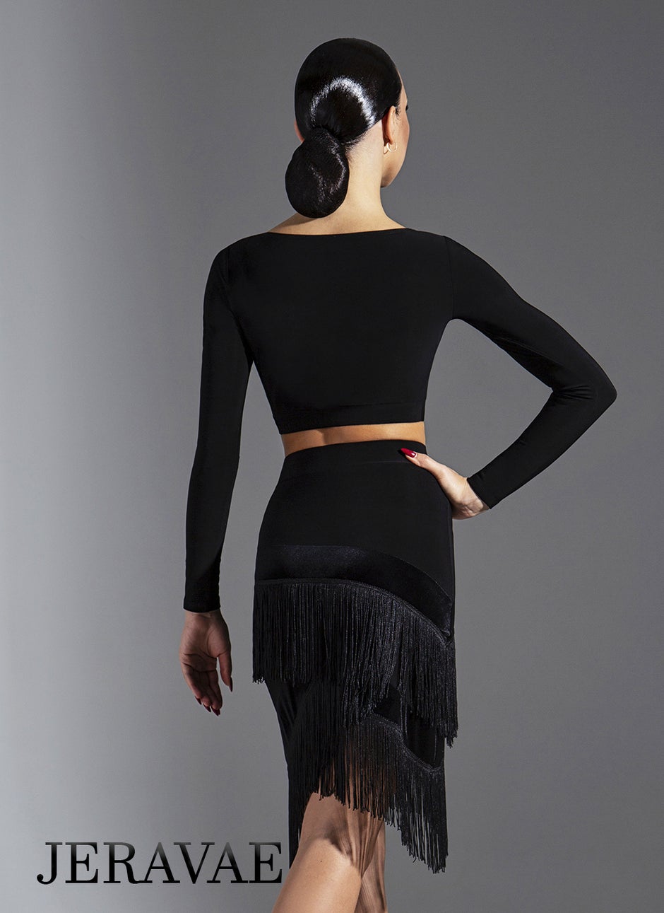 Black Latin Practice Skirt with Diagonal Cut Fringe, Velvet Accents, and Cross Pattern Cut PRA 632_sale