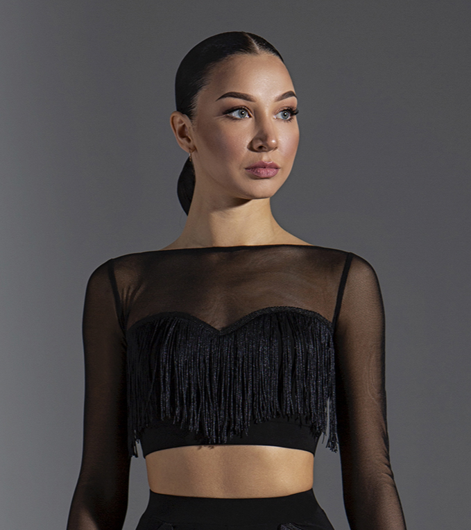 Long Sleeve Crop Top Latin or Ballroom Practice Top with Fringe Accent on Front PRA 580