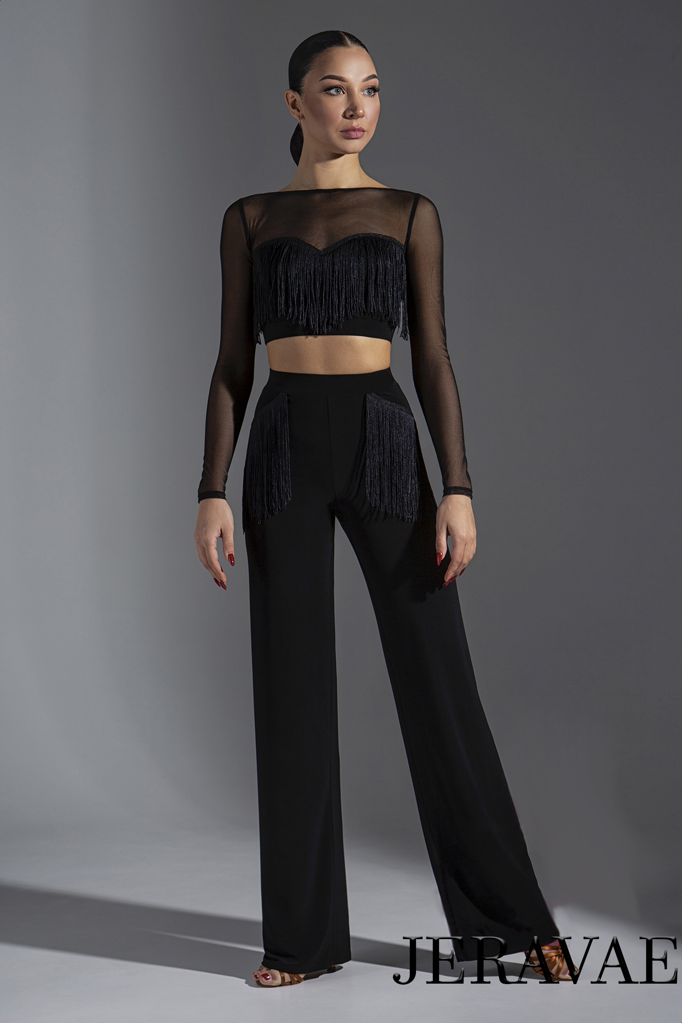 Women's Long Sleeve Mesh Crop Top with Fringe Accent on Front PRA 580_sale