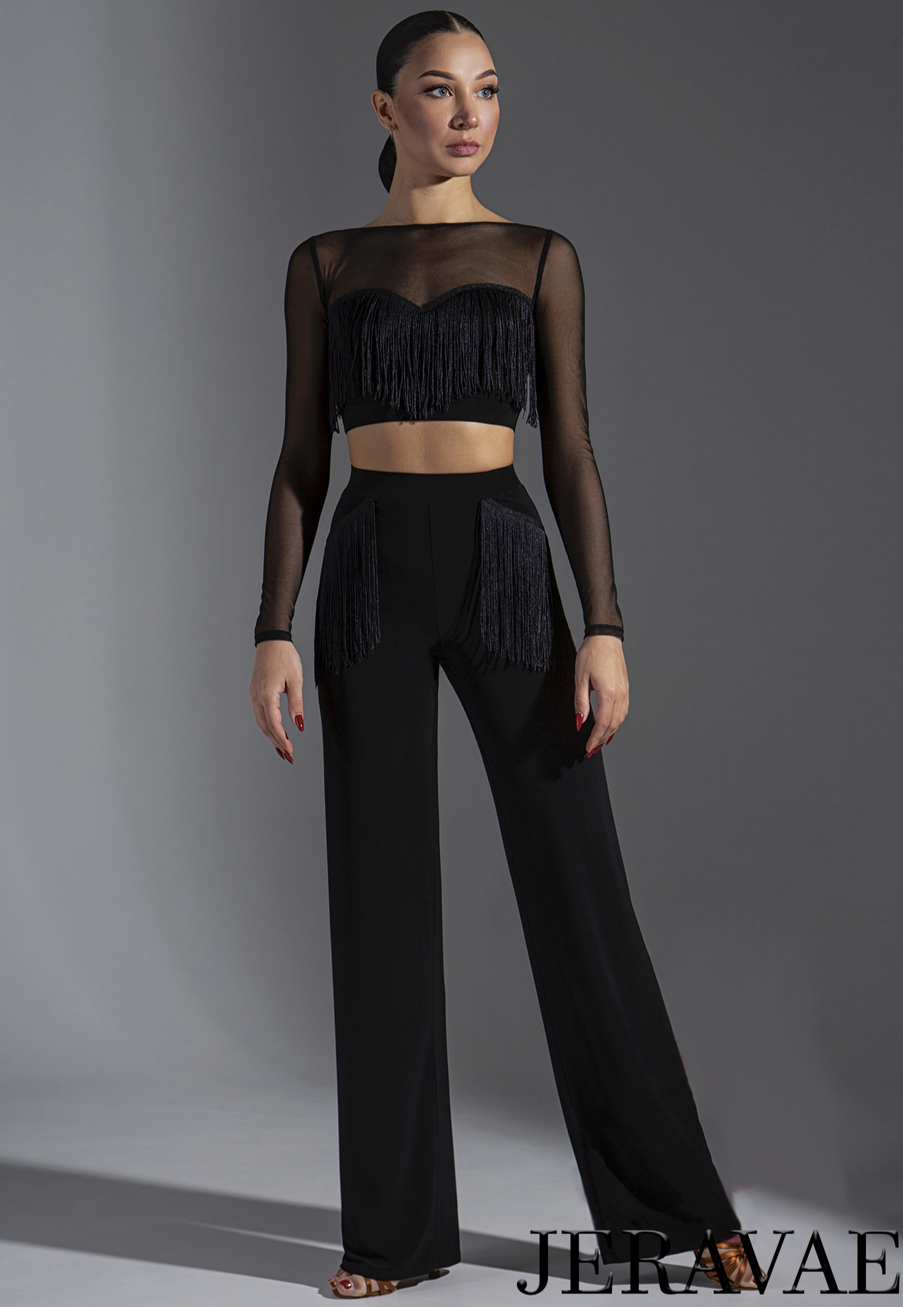 Black Practice or Teaching Dance Pants with Fringe Accents on Front PRA 579_sale