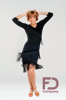Short Black Latin Practice Skirt And Matching Fringe Practice Top with Velvet Accents and Long Sleeves. Available in Sizes 38-50 Pra439