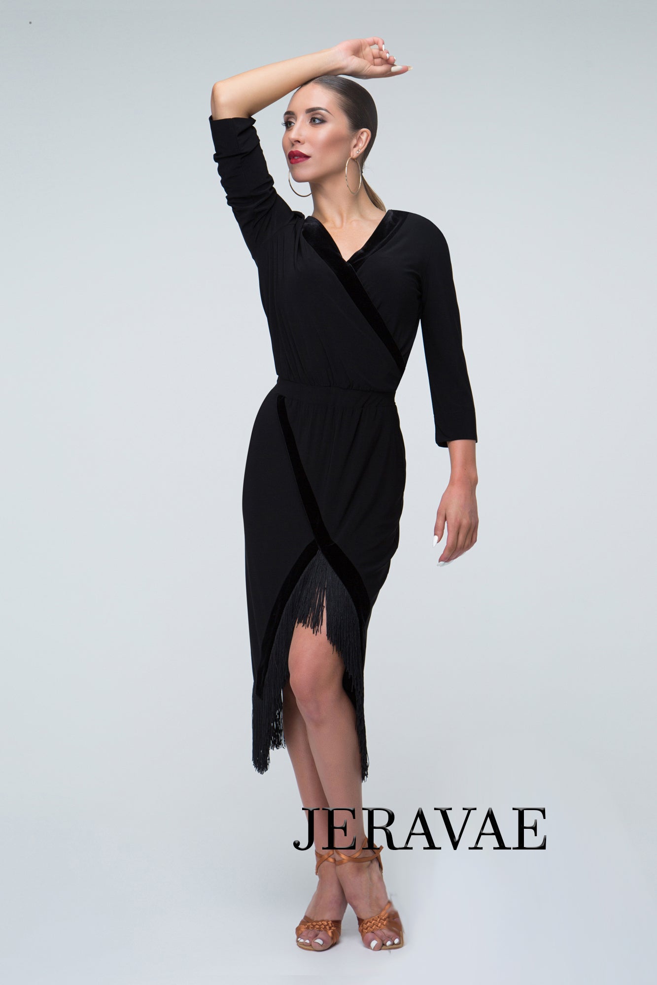 Black Practice Dress with Fringe Hem, Long Sleeves, and Velvet Accent Detail Pra301