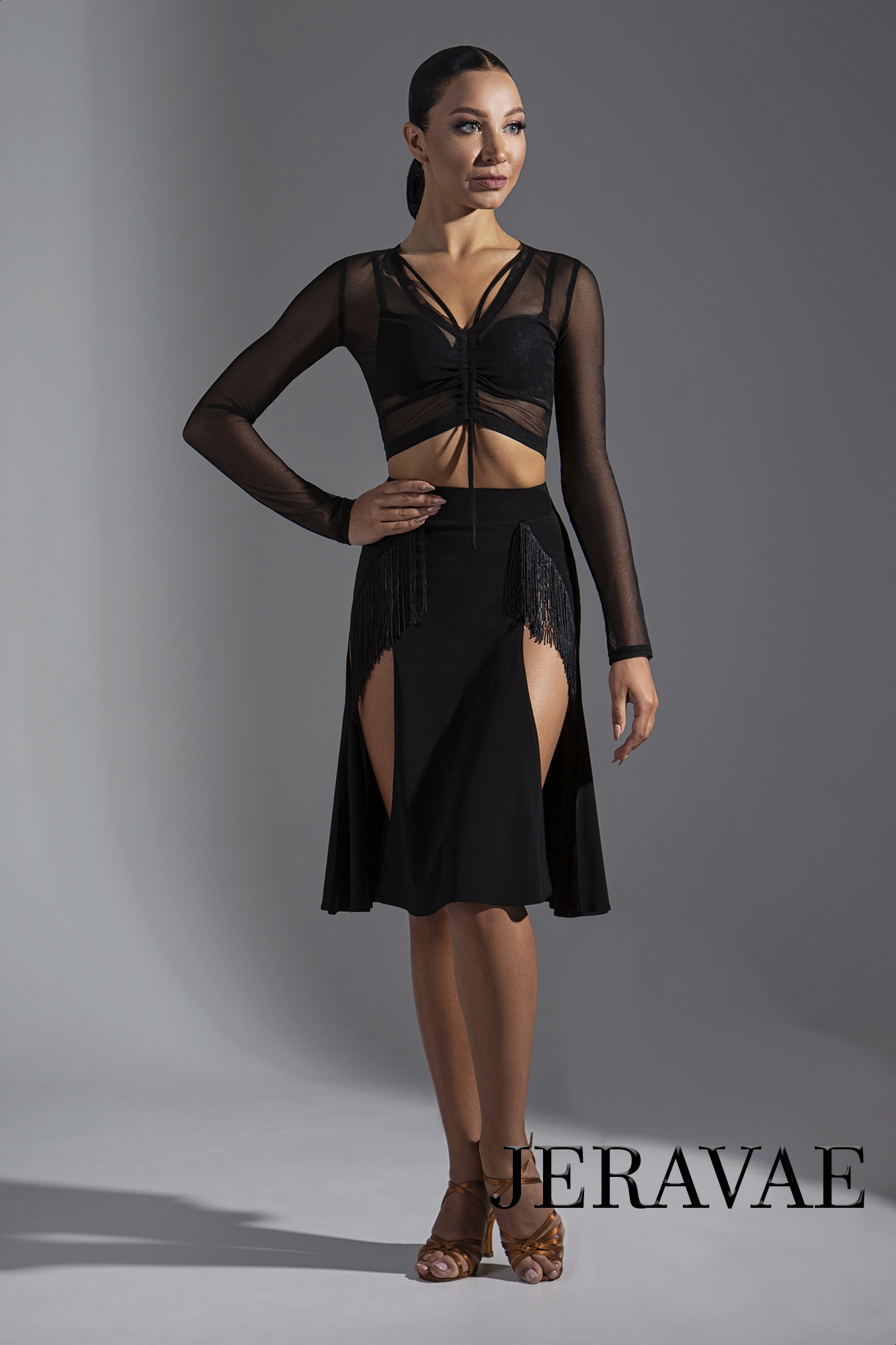 Black Latin Practice Skirt with High Waist, Double Front Slit, and Fringe Detail PRA 583_sale