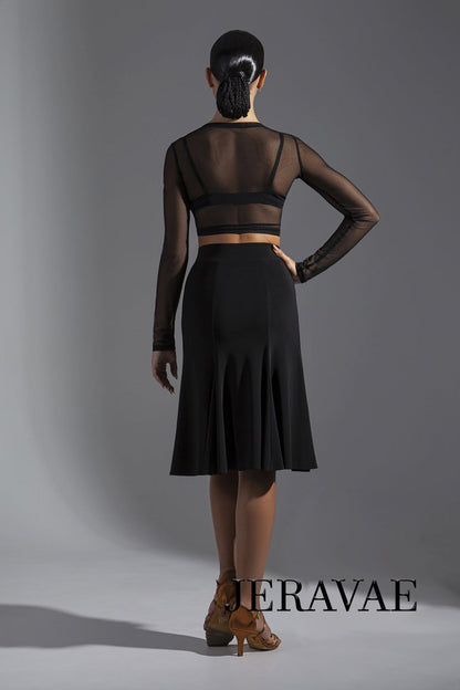 Black Latin Practice Skirt with High Waist, Double Front Slit, and Fringe Detail PRA 583_sale