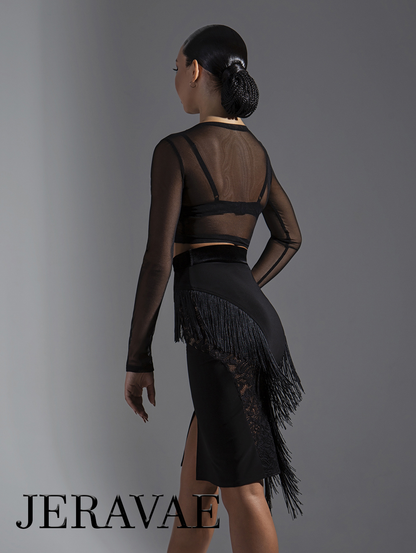 Sleek Black Latin Practice Skirt with Fringe and Lace Accents Features Front Slit and Velvet Waistband PRA 585