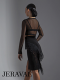 Sleek Black Latin Practice Skirt with Fringe and Lace Accents Features Front Slit and Velvet Waistband Pra585