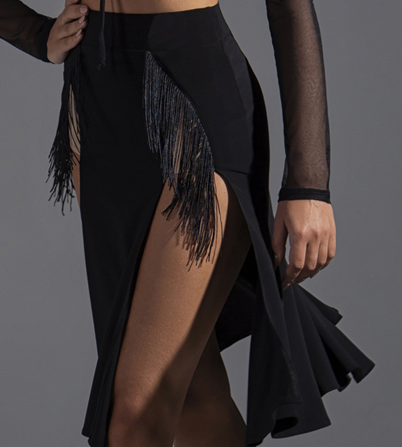 High Waist Black Latin Practice Skirt with Fringe Detail and Double Front Slit PRA 583