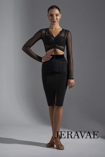 Sleek Black Latin Practice Skirt with Fringe and Lace Accents Features Front Slit and Velvet Waistband PRA 585