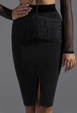Sleek Black Latin Practice Skirt with Fringe and Lace Accents Features Front Slit and Velvet Waistband Pra585