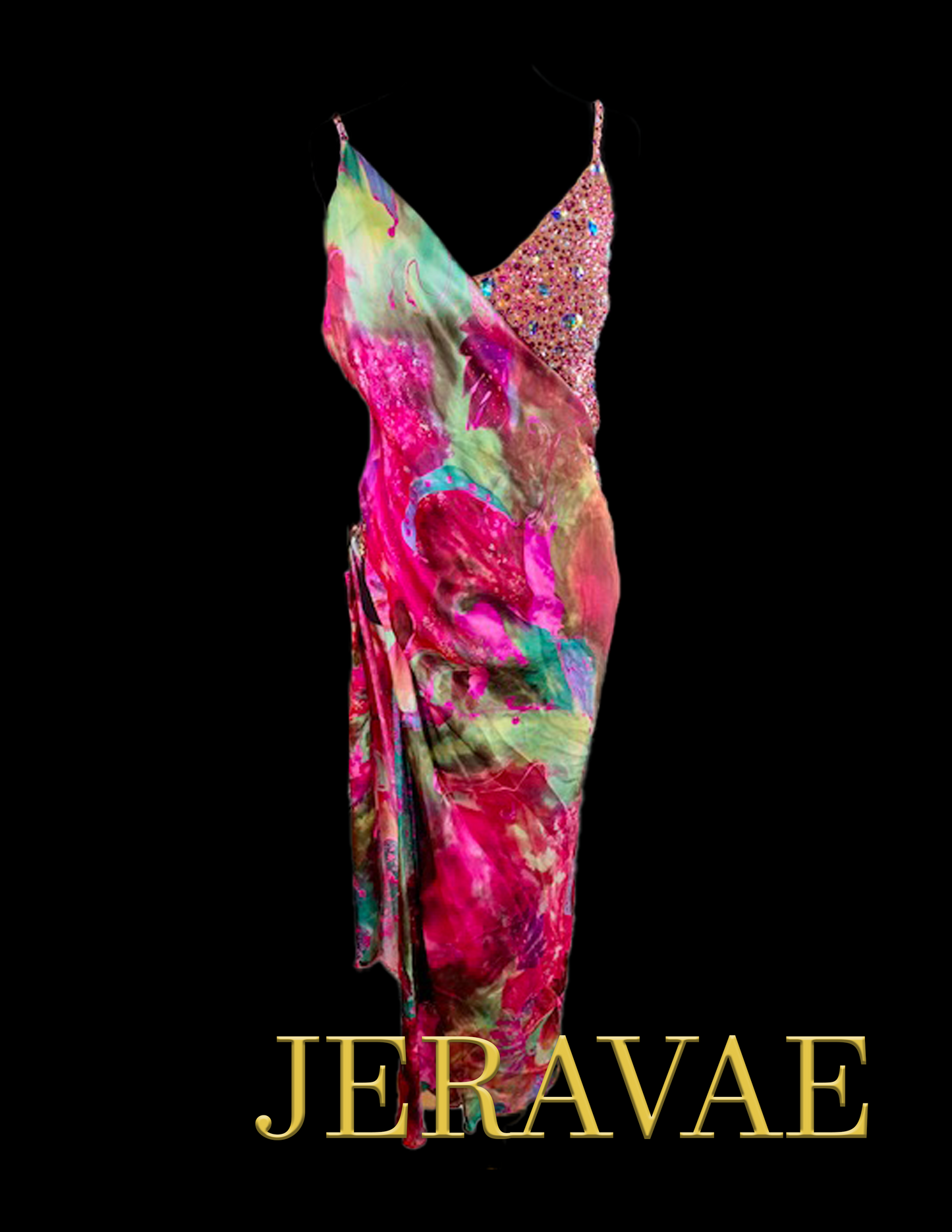 Resale Fiore Latin/Rhythm Dress with V-Neckline, Tan Bodysuit, Pink Floral Silk/Satin Wrap Skirt, Swarovski Stones, and Open Back Sz S Lat166