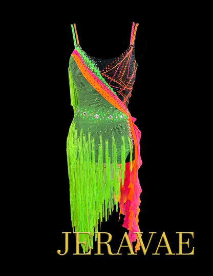 Resale Fiore Sleeveless Latin Dress with Black Bodysuit, Green Fishnet Asymmetrical Skirt, Fringe, Pink and Orange Mesh Ruffles, Stoning Details, and Green Beads Sz XXS Lat175