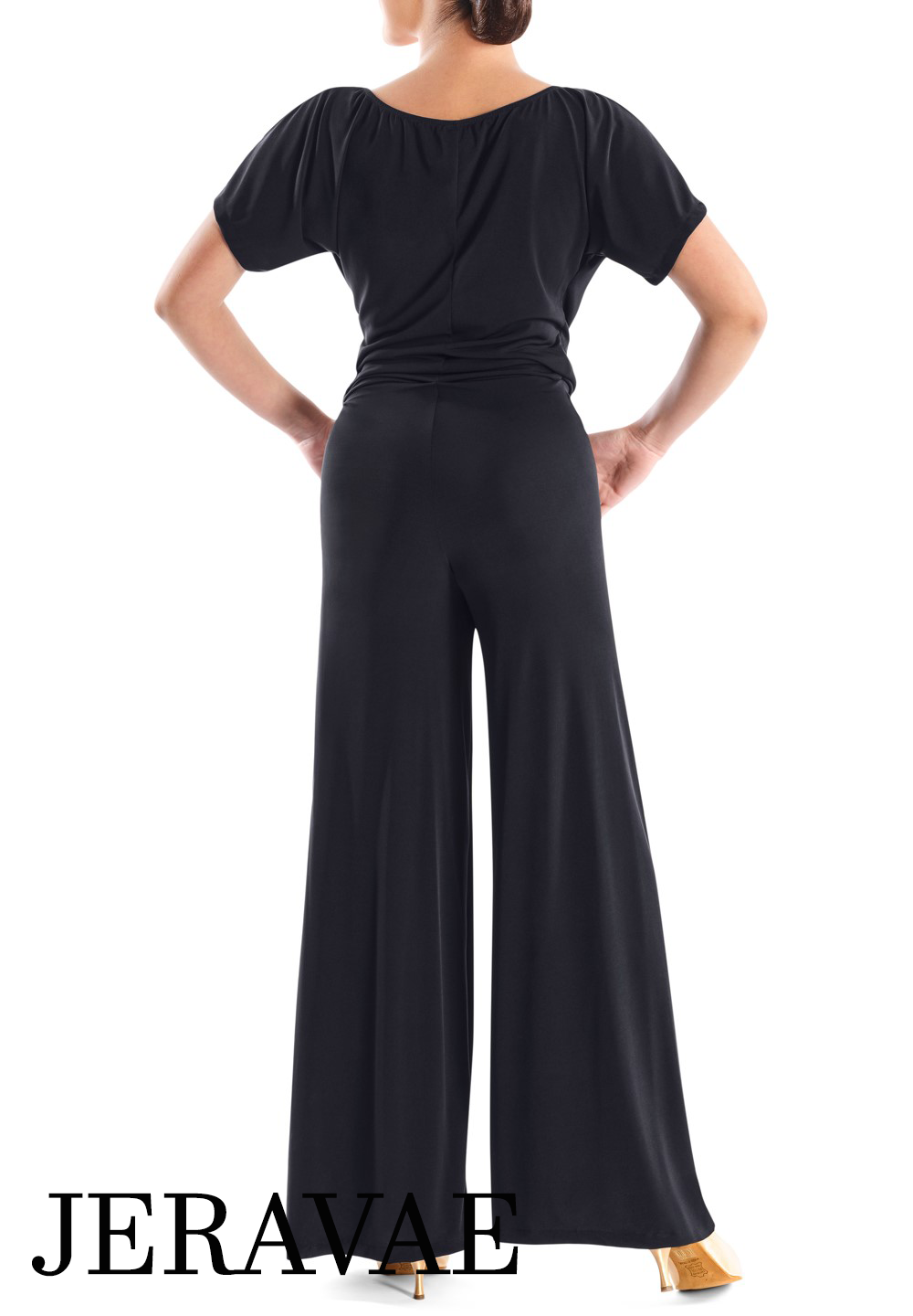Victoria Blitz Gioiosa Black One Piece Ballroom or Latin Jumpsuit with V-Neckline, Wrap-around Top, Short Sleeves, and Wide Leg PRA 729 in Stock