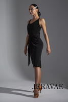 Sleeveless Latin Practice Dress with Gathered Waist Detail and Fringe Sash. Knee-Length Skirt with Slit in Back Available in Multiple Colors Pra648