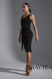 Sleeveless Latin Practice Dress with Gathered Waist Detail and Fringe Sash. Knee-Length Skirt with Slit in Back Available in Multiple Colors Pra648