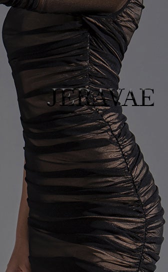 Black Salsa Dress with Single Long Sleeve and Gathered Mesh Over Nude Lined Crepe PRA 570_sale