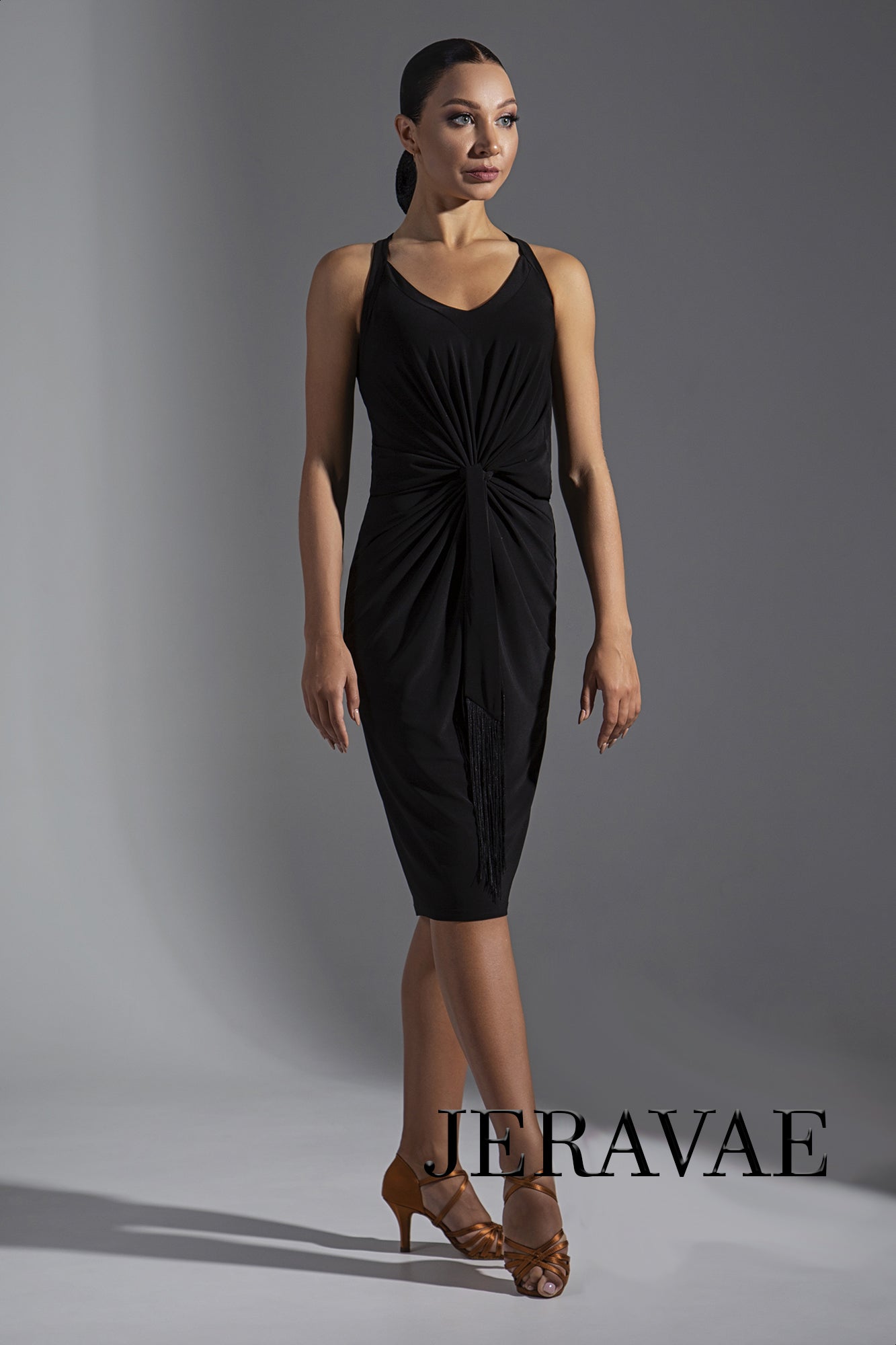 Sleeveless Latin Practice Dress with Gathered Waist Detail, Fringe Sash, and Knee-Length Skirt with Slit in Back Available in Multiple Colors PRA 648