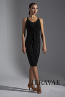 Sleeveless Latin Practice Dress with Gathered Waist Detail and Fringe Sash. Knee-Length Skirt with Slit in Back Available in Multiple Colors Pra648