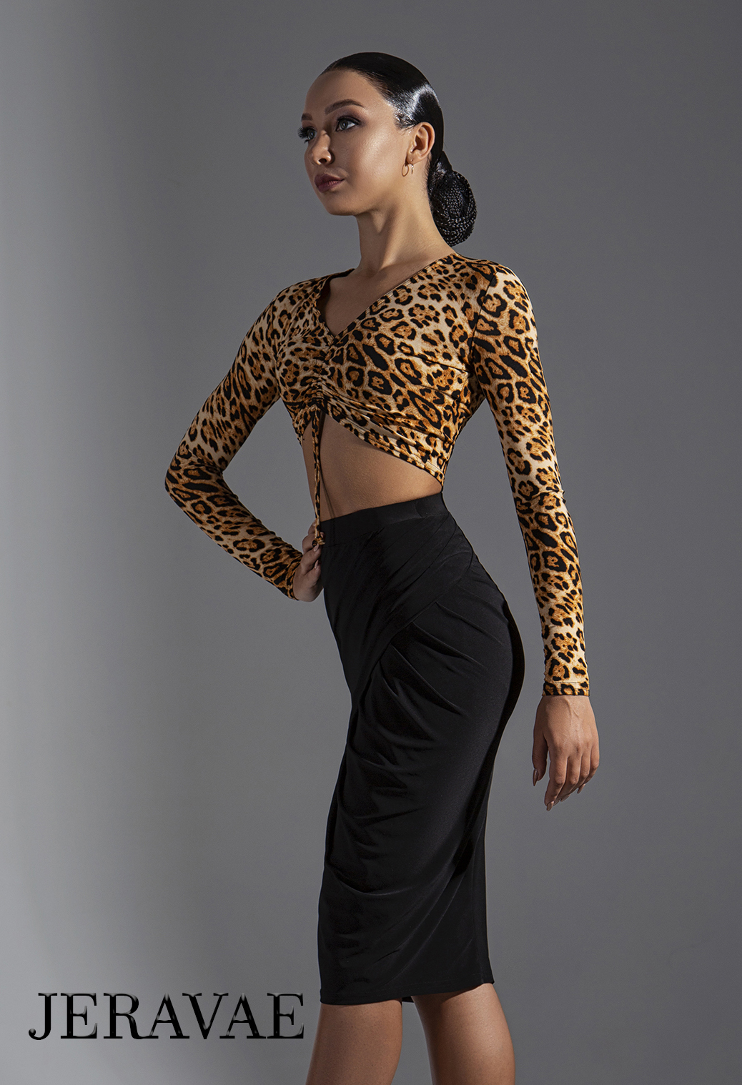 Long Sleeve Crop Top Practice Top with Optional Gather Tie Available in Leopard Print or Floral PRA 607