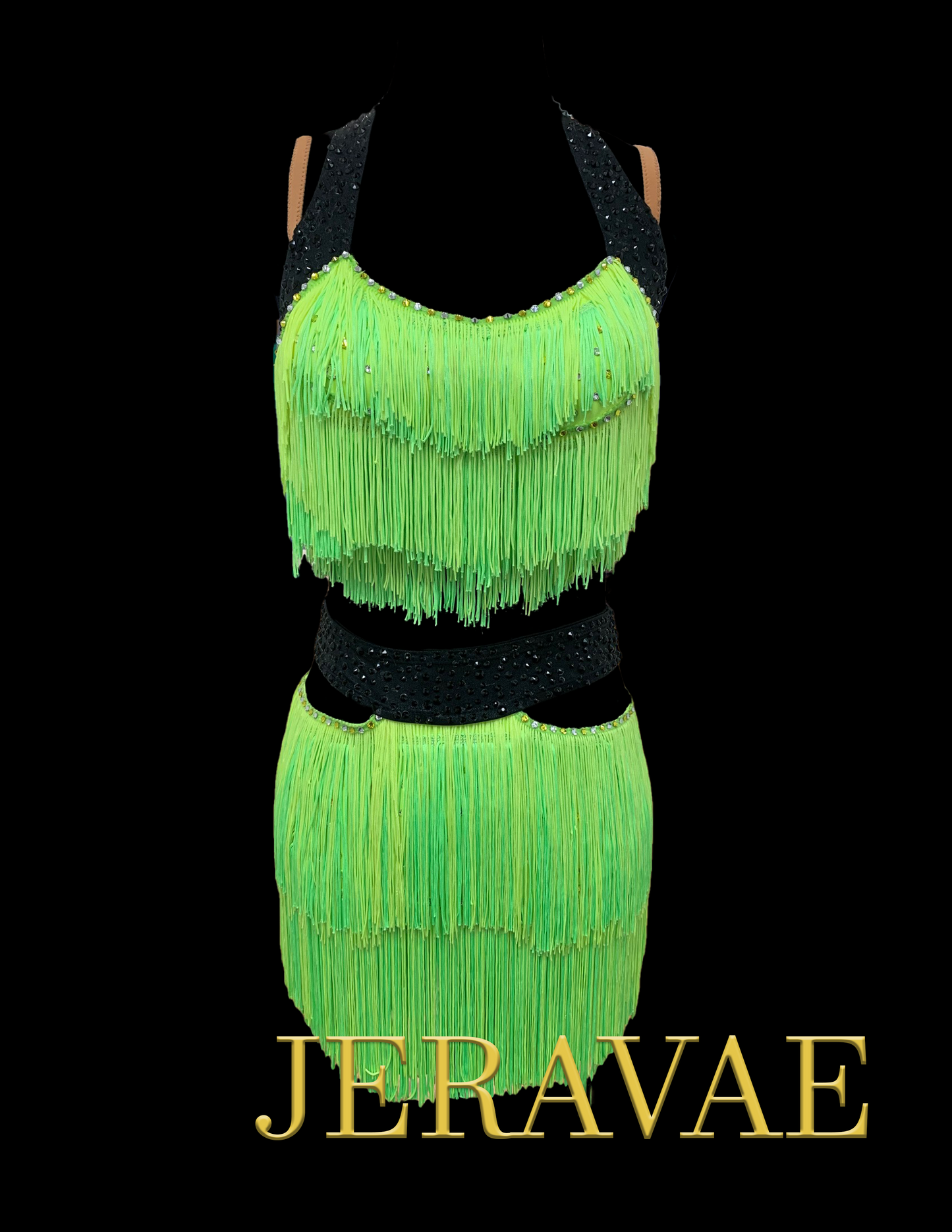 Neon Green Two Piece Latin Dress with Halter Top and Skirt with Layers of Fringe, Swarovski Stones, and Attached Black Waistband Sz XS Lat159