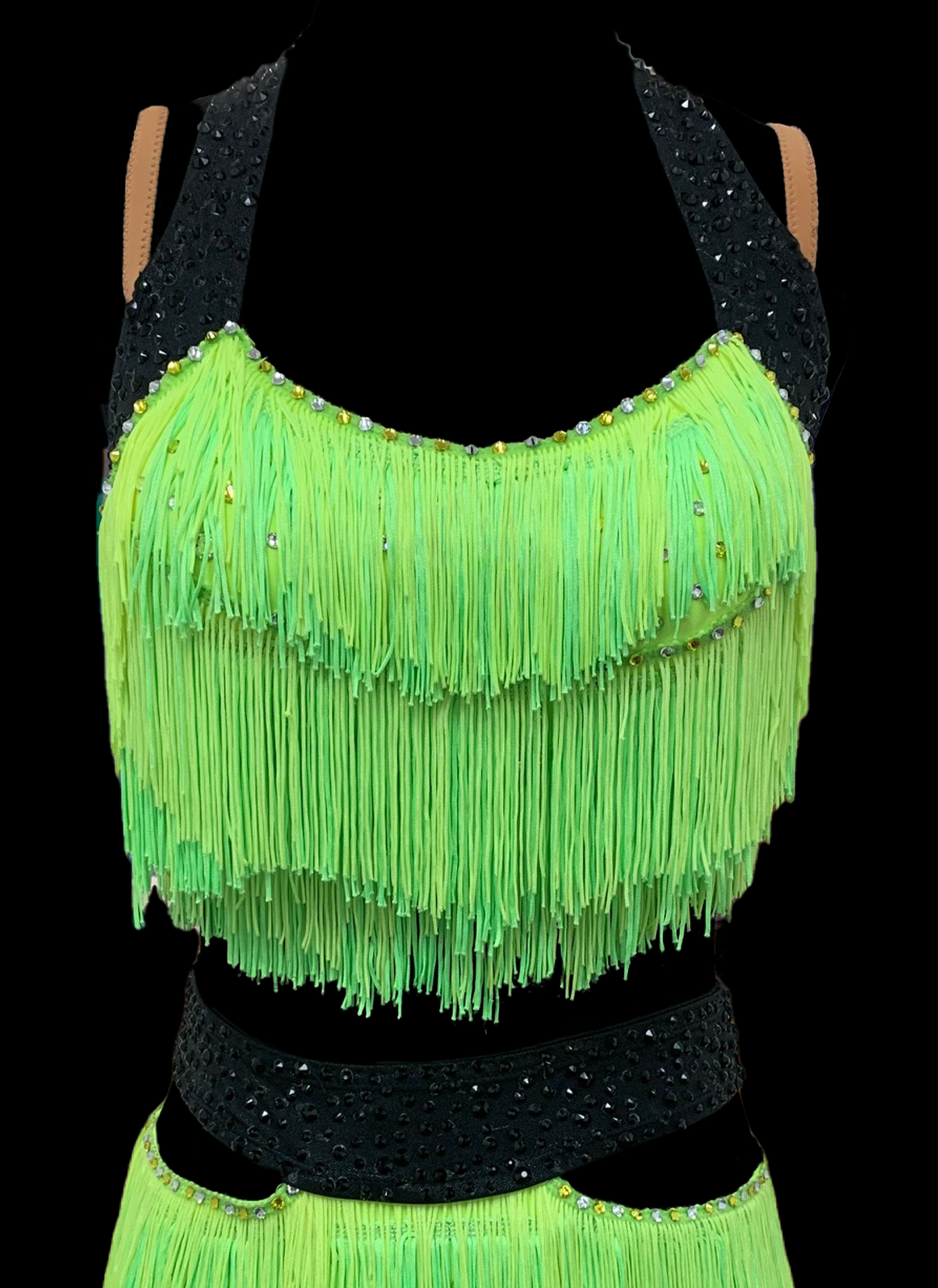 Neon Green Two Piece Latin Dress with Halter Top and Skirt with Layers of Fringe, Swarovski Stones, and Attached Black Waistband Sz XS Lat159